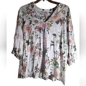 Cupio Floral Embroidered Boho Blouse White Multicolor Size 1X